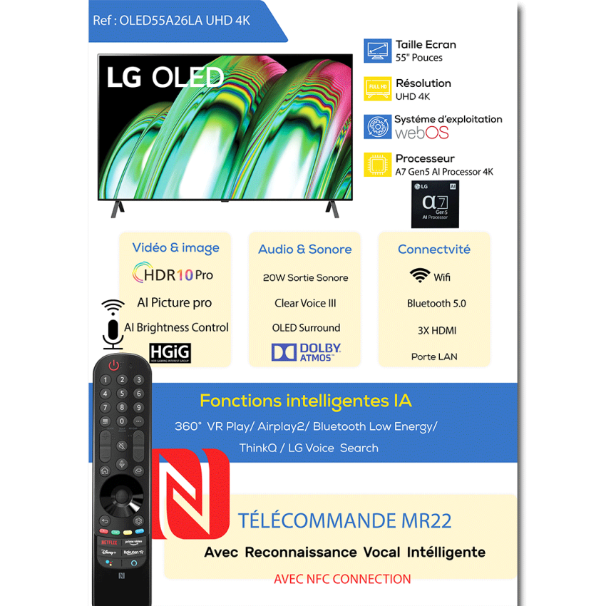 Tv LG OLED A26LA.AGEE | 55 Pouces - 4K UHD - Smart Web Os - Garantie 2 Ans
